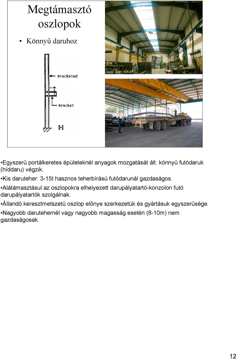 Alátámasztásul az oszlopokra elhelyezett darupályatartó-konzolon futó darupályatartók szolgálnak.