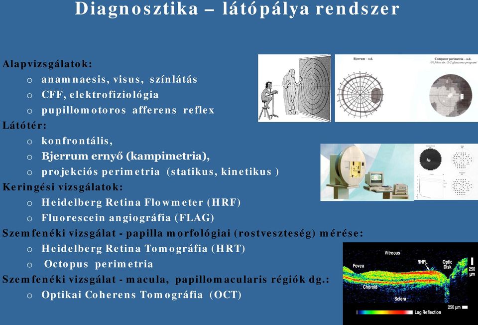 Flurescein angigráfia (FLAG) Szemfenéki vizsgálat - papilla mrflógiai (rstveszteség) mérése: Heidelberg Retina Tmgráfia (HRT) Octpus perimetria