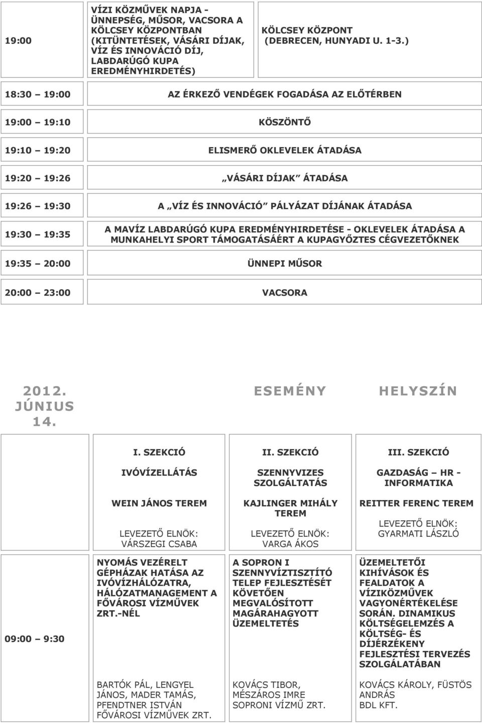 ÁTADÁSA 19:30 19:35 A MAVÍZ LABDARÚGÓ KUPA EREDMÉNYHIRDETÉSE - OKLEVELEK ÁTADÁSA A MUNKAHELYI SPORT TÁMOGATÁSÁÉRT A KUPAGYŐZTES CÉGVEZETŐKNEK 19:35 20:00 ÜNNEPI MŰSOR 20:00 23:00 VACSORA 2012.