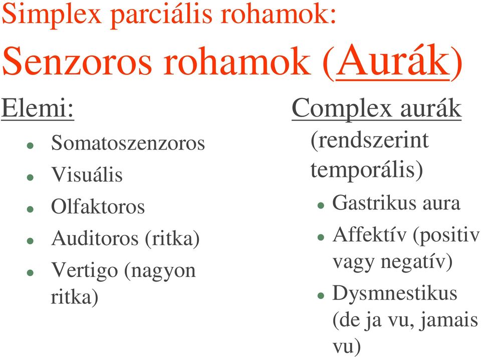 (nagyon ritka) Complex aurák (rendszerint temporális) Gastrikus