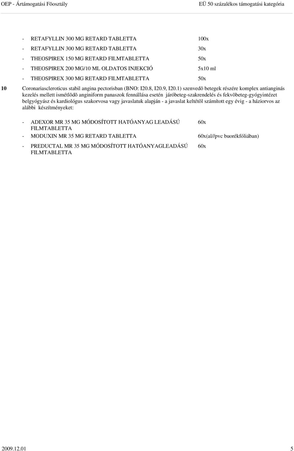 1) szenvedõ betegek részére komplex antianginás kezelés mellett ismétlõdõ anginiform panaszok fennállása esetén járóbeteg-szakrendelés és fekvõbeteg-gyógyintézet belgyógyász és kardiológus szakorvosa