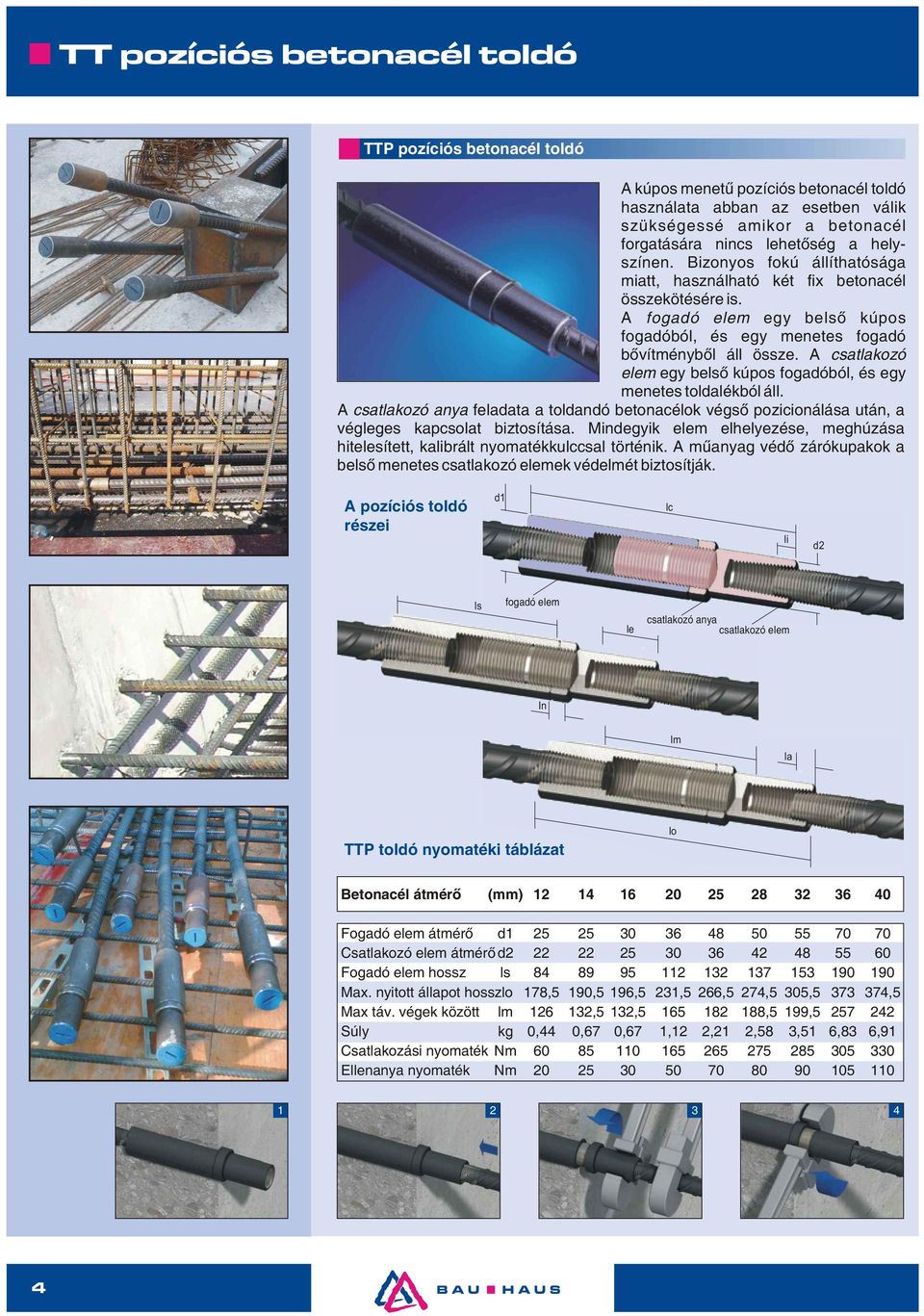 A csatlakozó elem egy belső kúpos fogadóból, és egy menetes toldalékból áll. A csatlakozó anya feladata a toldandó betonacélok végső pozicionálása után, a végleges kapcsolat biztosítása.