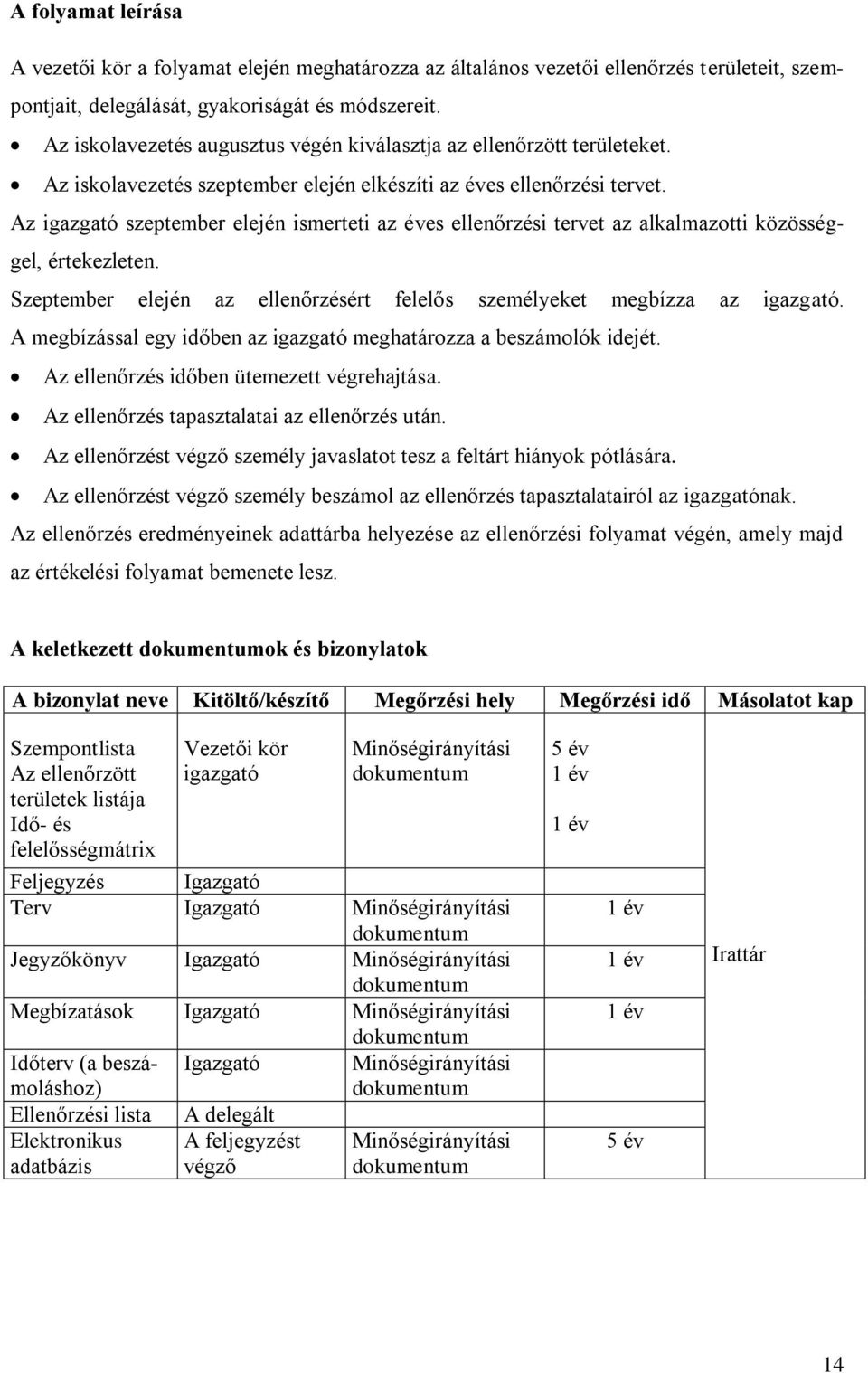 Az igazgató szeptember elején ismerteti az éves ellenőrzési tervet az alkalmazotti közösséggel, értekezleten. Szeptember elején az ellenőrzésért felelős személyeket megbízza az igazgató.