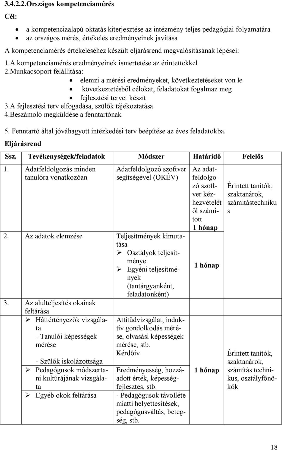 értékeléséhez készült eljárásrend megvalósításának lépései: 1.A kompetenciamérés eredményeinek ismertetése az érintettekkel 2.