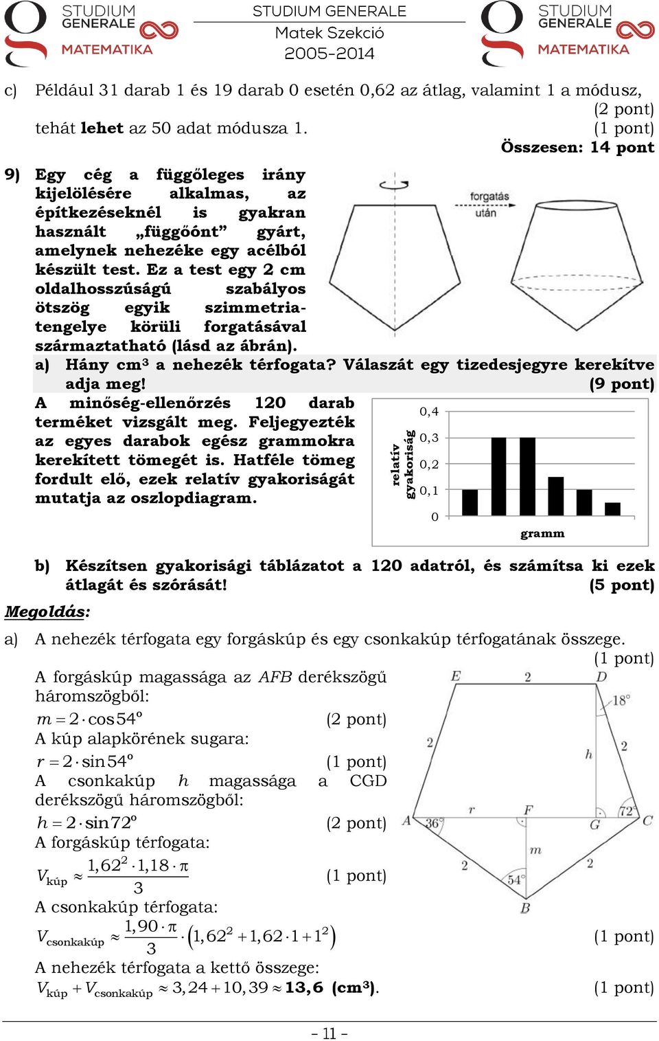 Ez a test egy 2 cm oldalhosszúságú szabályos ötszög egyik szimmetriatengelye körüli forgatásával származtatható (lásd az ábrán). a) Hány cm 3 a nehezék térfogata?