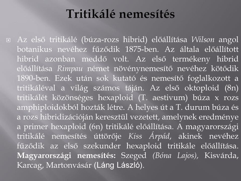 Az első oktoploid (8n) tritikálét közönséges hexaploid (T. aestivum) búza x rozs amphiploidokból hozták létre. A helyes út a T.