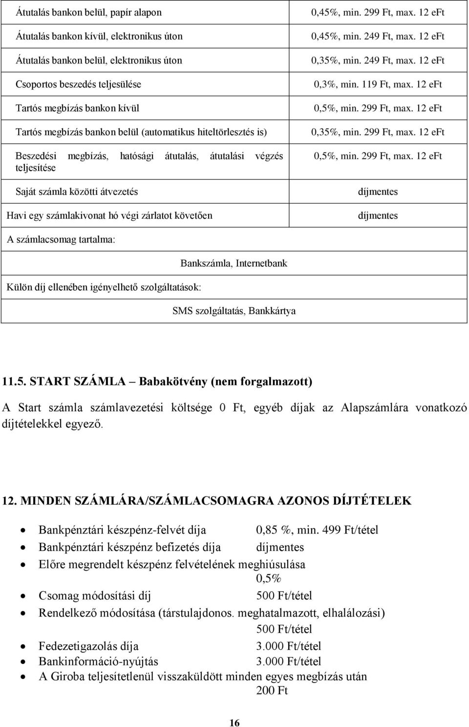 START SZÁMLA Babakötvény (nem forgalmazott) A Start számla számlavezetési költsége, egyéb díjak az Alapszámlára vonatkozó díjtételekkel egyező. 12.