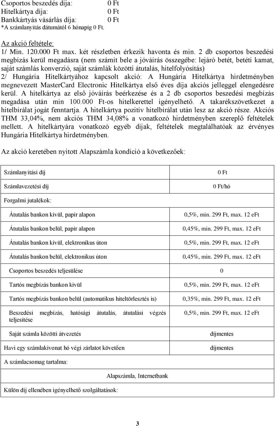 Hungária Hitelkártyához kapcsolt akció: A Hungária Hitelkártya hirdetményben megnevezett MasterCard Electronic Hitelkártya első éves díja akciós jelleggel elengedésre kerül.