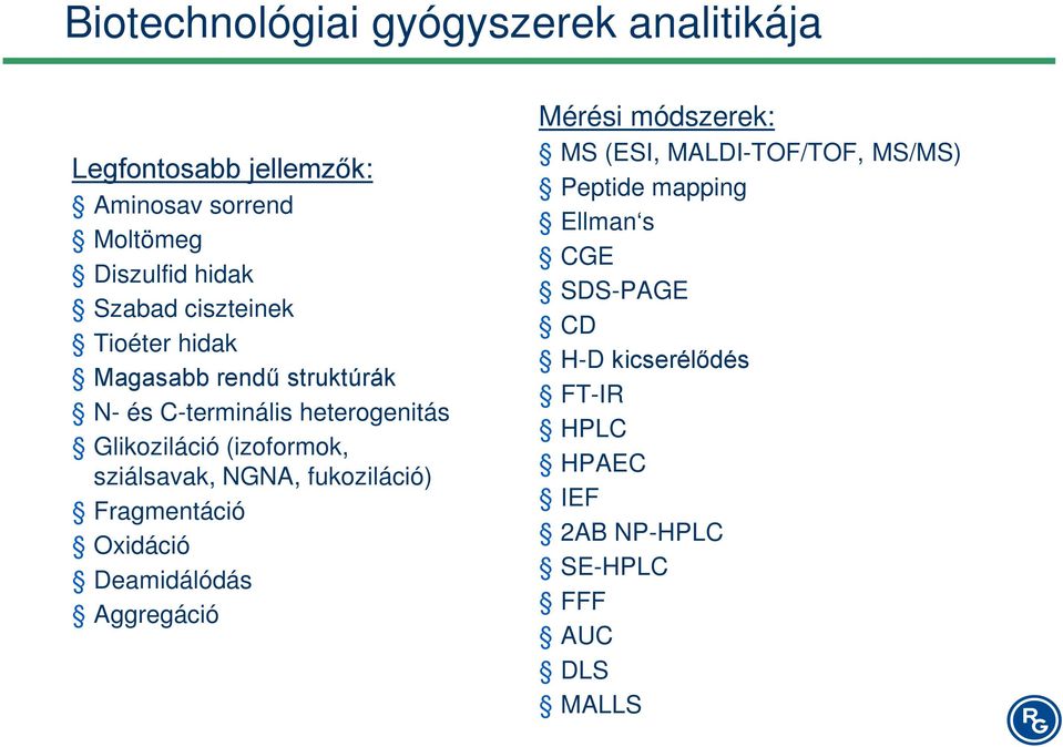 sziálsavak, NGNA, fukoziláció) Fragmentáció Oxidáció Deamidálódás Aggregáció Mérési módszerek: MS (ESI,