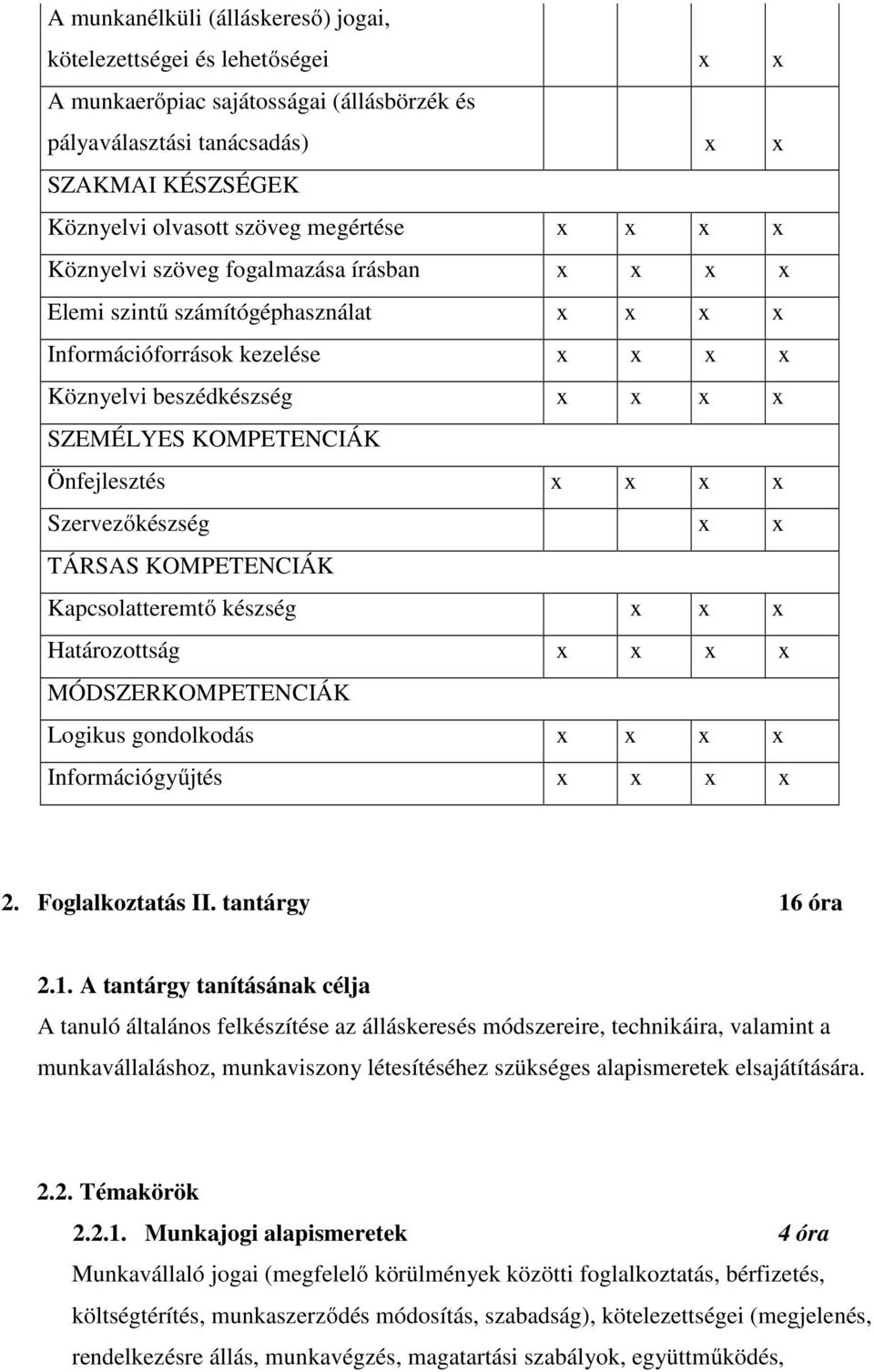 Önfejlesztés x x x x Szervezőkészség x x TÁRSAS KOMPETENCIÁK Kapcsolatteremtő készség x x x Határozottság x x x x MÓDSZERKOMPETENCIÁK Logikus gondolkodás x x x x Információgyűjtés x x x x 2.