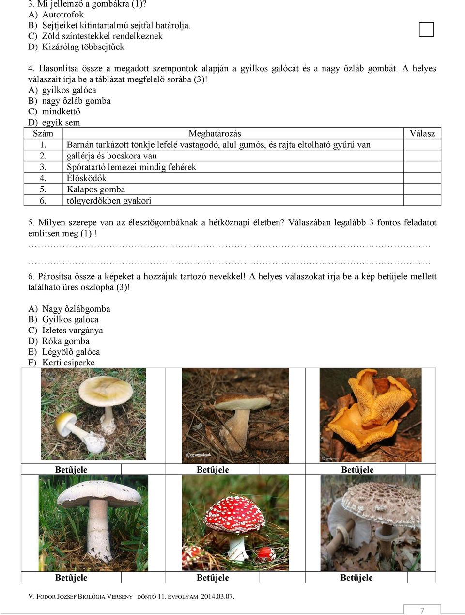 A) gyilkos galóca B) nagy őzláb gomba C) mindkettő D) egyik sem Szám Meghatározás Válasz 1. Barnán tarkázott tönkje lefelé vastagodó, alul gumós, és rajta eltolható gyűrű van 2.