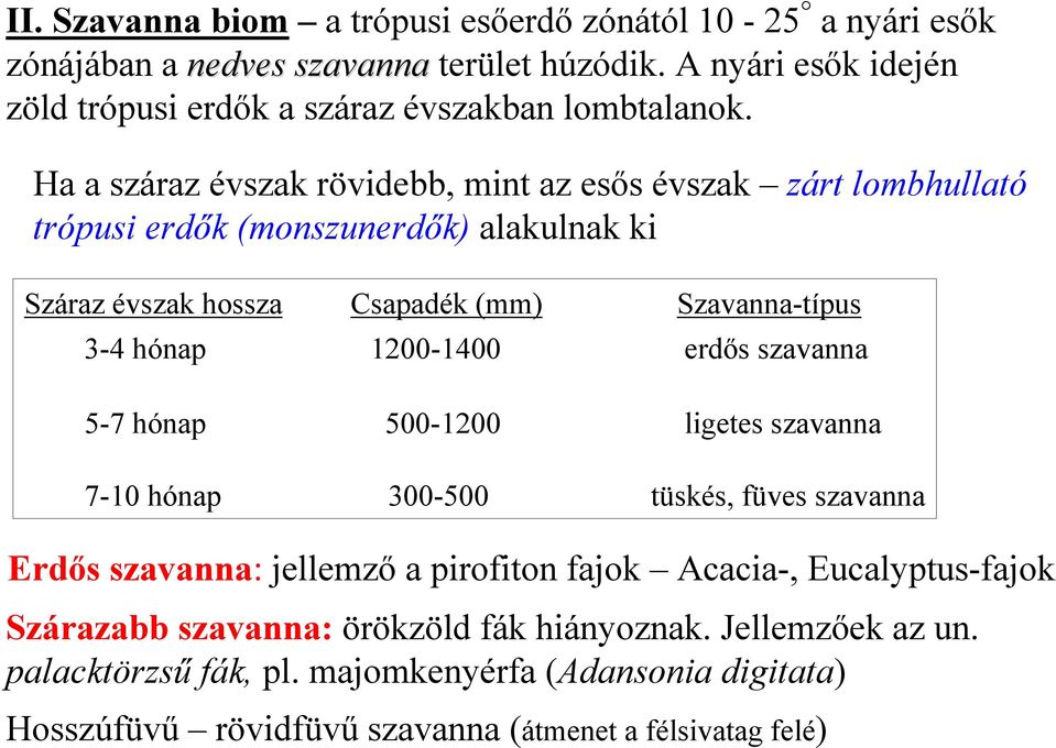 Ha a száraz évszak rövidebb, mint az esős évszak zárt lombhullató trópusi erdők (monszunerdők) alakulnak ki Száraz évszak hossza Csapadék (mm) Szavanna-típus 3-4 hónap