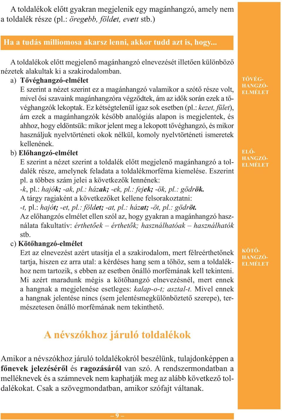 a) Tővéghangzó-elmélet E szerint a nézet szerint ez a magánhangzó valamikor a szótő része volt, mivel ősi szavaink magánhangzóra végződtek, ám az idők során ezek a tővéghangzók lekoptak.