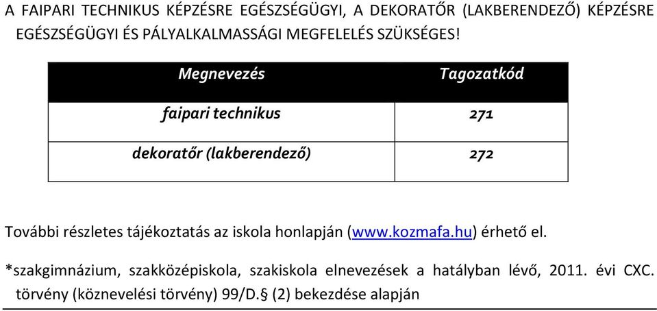 Megnevezés Tagozatkód faipari technikus 271 dekoratőr (lakberendező) 272 További részletes tájékoztatás az