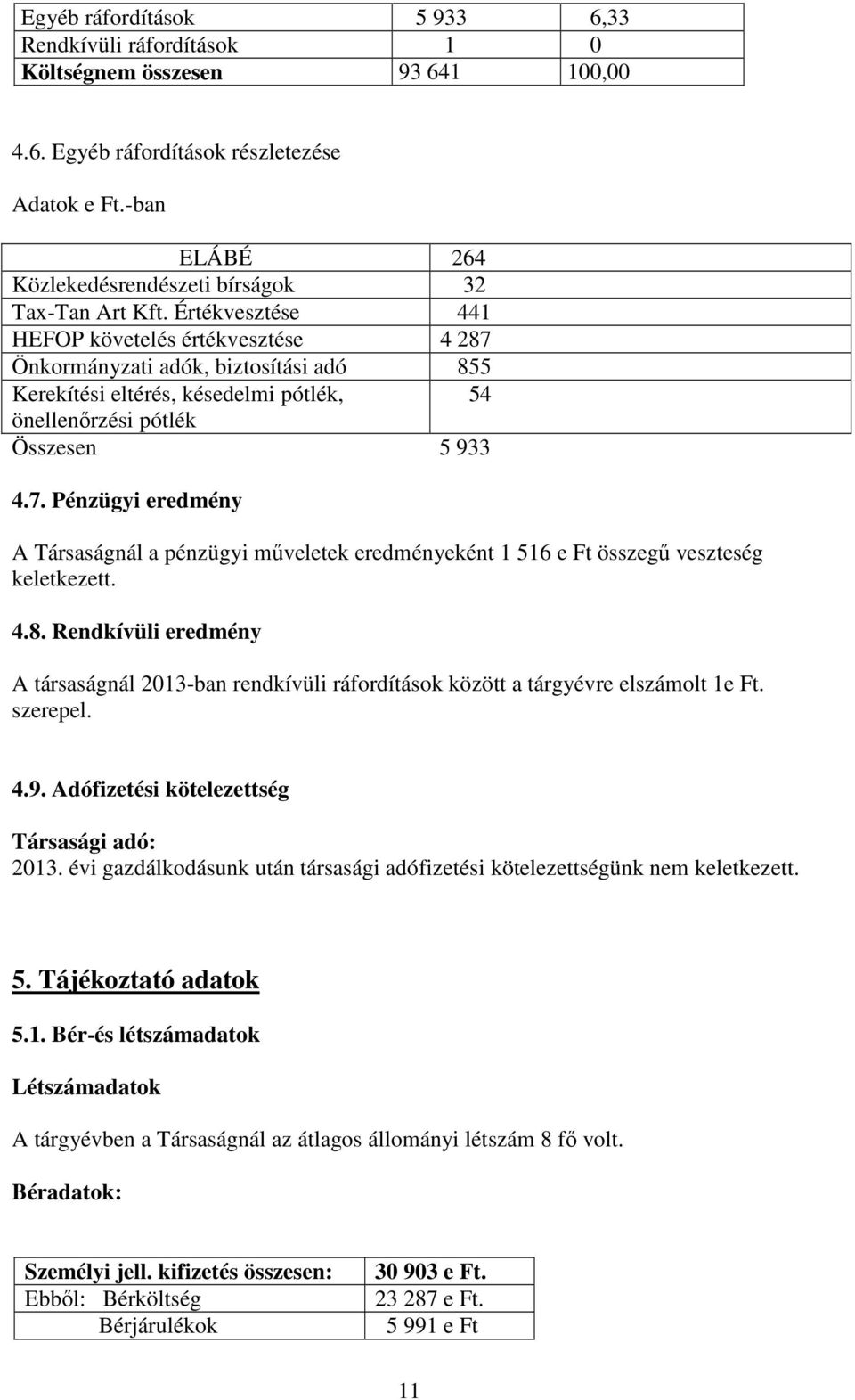 Értékvesztése 441 HEFOP követelés értékvesztése 4 287 Önkormányzati adók, biztosítási adó 855 Kerekítési eltérés, késedelmi pótlék, 54 önellenőrzési pótlék Összesen 5 933 4.7. Pénzügyi eredmény A Társaságnál a pénzügyi műveletek eredményeként 1 516 e Ft összegű veszteség keletkezett.