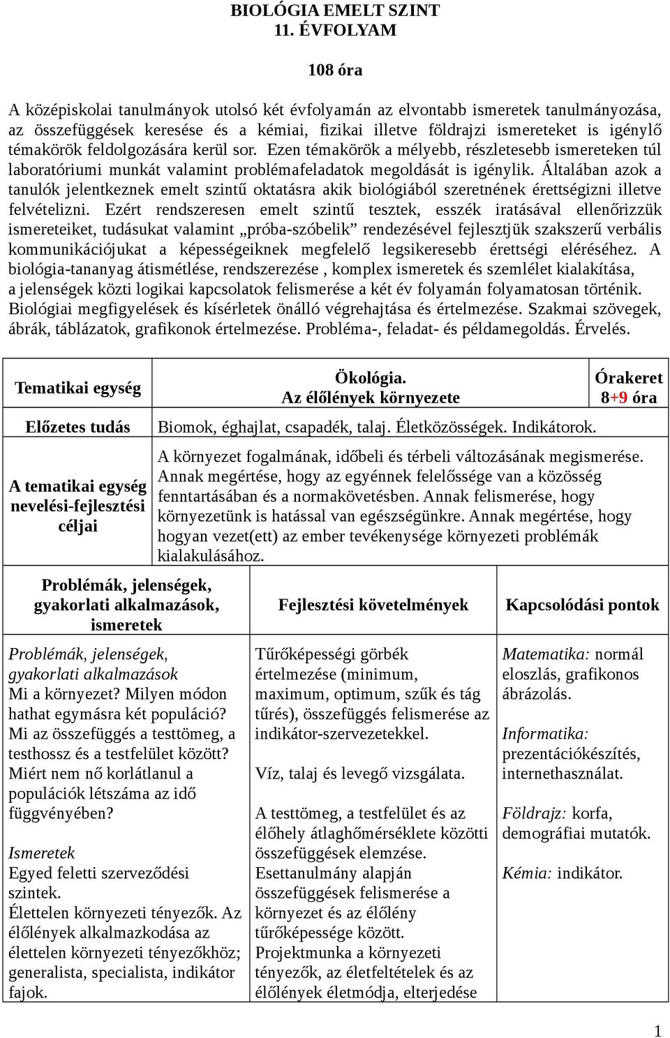 témakörök feldolgozására kerül sor. Ezen témakörök a mélyebb, részletesebb ismereteken túl laboratóriumi munkát valamint problémafeladatok megoldását is igénylik.