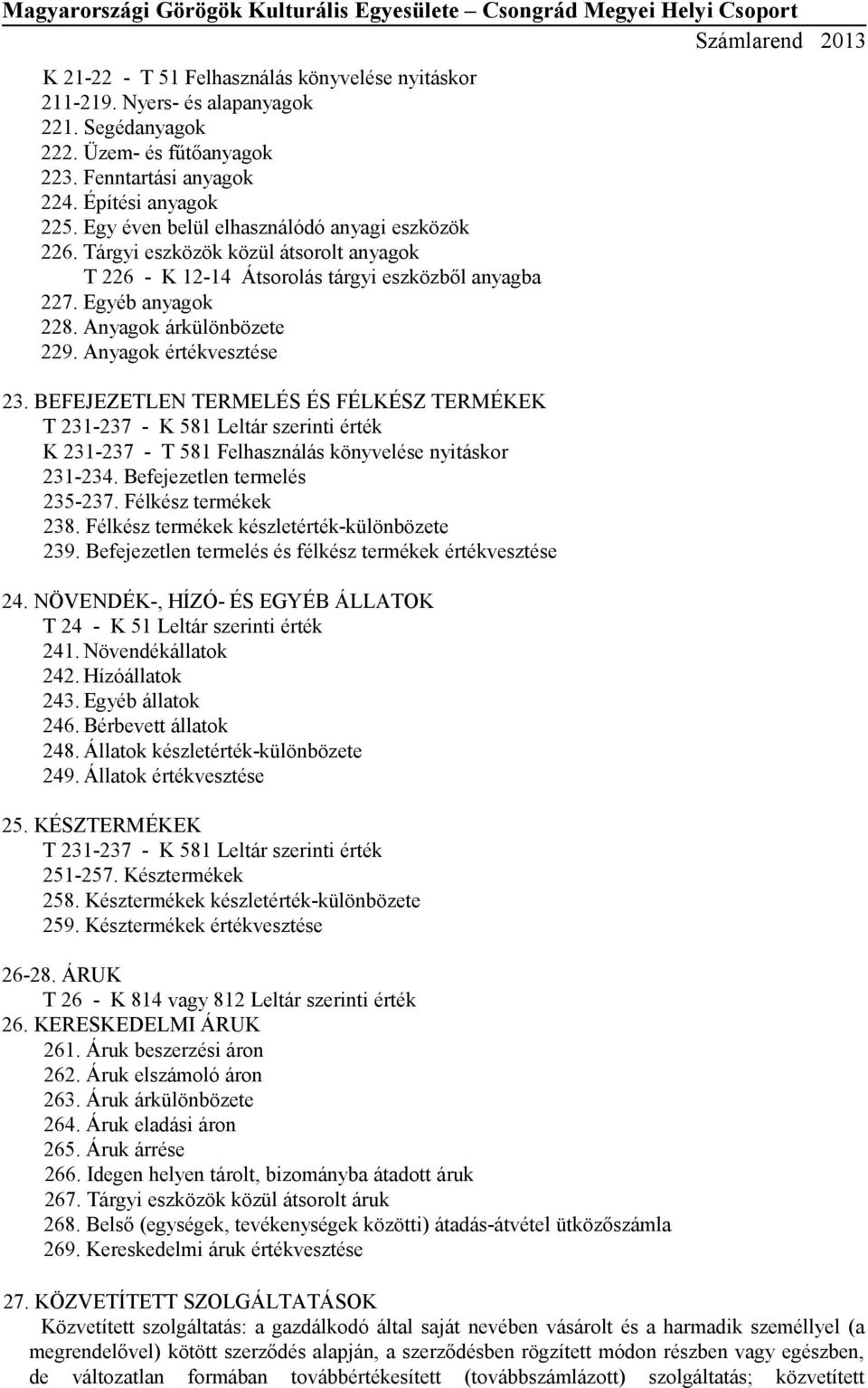 Anyagok értékvesztése 23. BEFEJEZETLEN TERMELÉS ÉS FÉLKÉSZ TERMÉKEK T 231-237 - K 581 Leltár szerinti érték K 231-237 - T 581 Felhasználás könyvelése nyitáskor 231-234. Befejezetlen termelés 235-237.