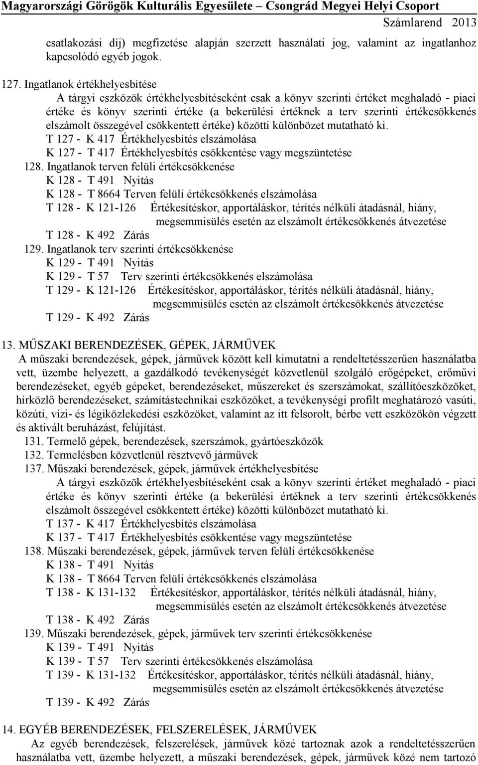 értékcsökkenés elszámolt összegével csökkentett értéke) közötti különbözet mutatható ki. T 127 - K 417 Értékhelyesbítés elszámolása K 127 - T 417 Értékhelyesbítés csökkentése vagy megszüntetése 128.