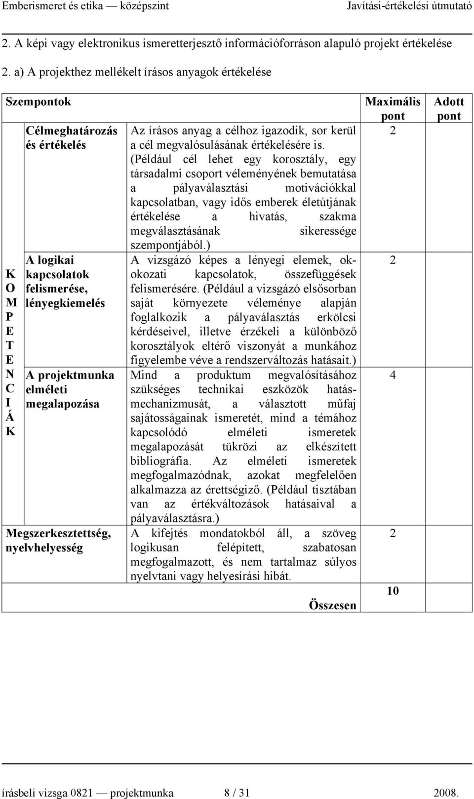 nyelvhelyesség Az írásos anyag a célhoz igazodik, sor kerül a cél megvalósulásának értékelésére is.