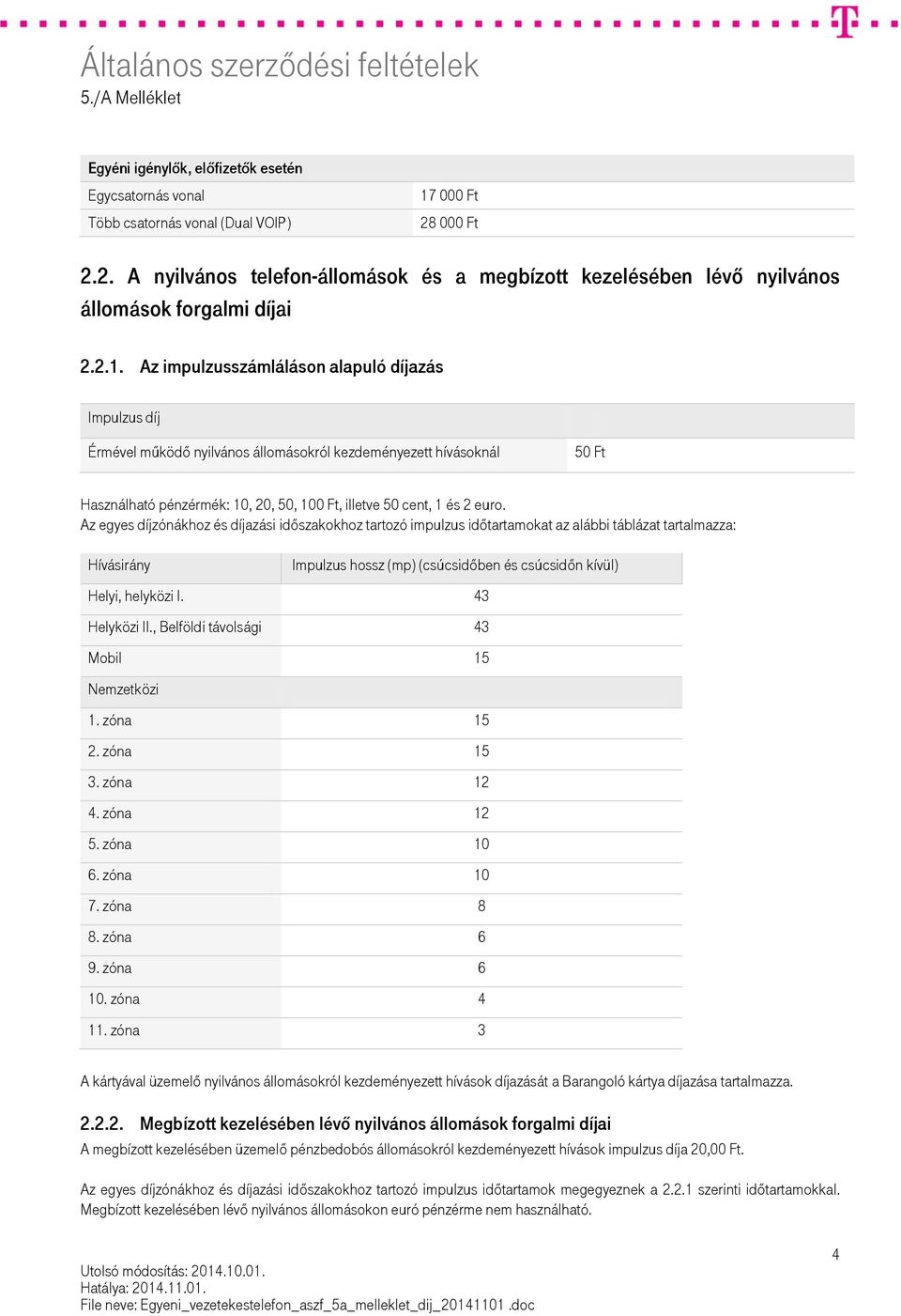 Az egyes díjzónákhoz és díjazási időszakokhoz tartozó impulzus időtartamokat az alábbi táblázat tartalmazza: Hívásirány Impulzus hossz (mp) (csúcsidőben és csúcsidőn kívül) Helyi, helyközi I.