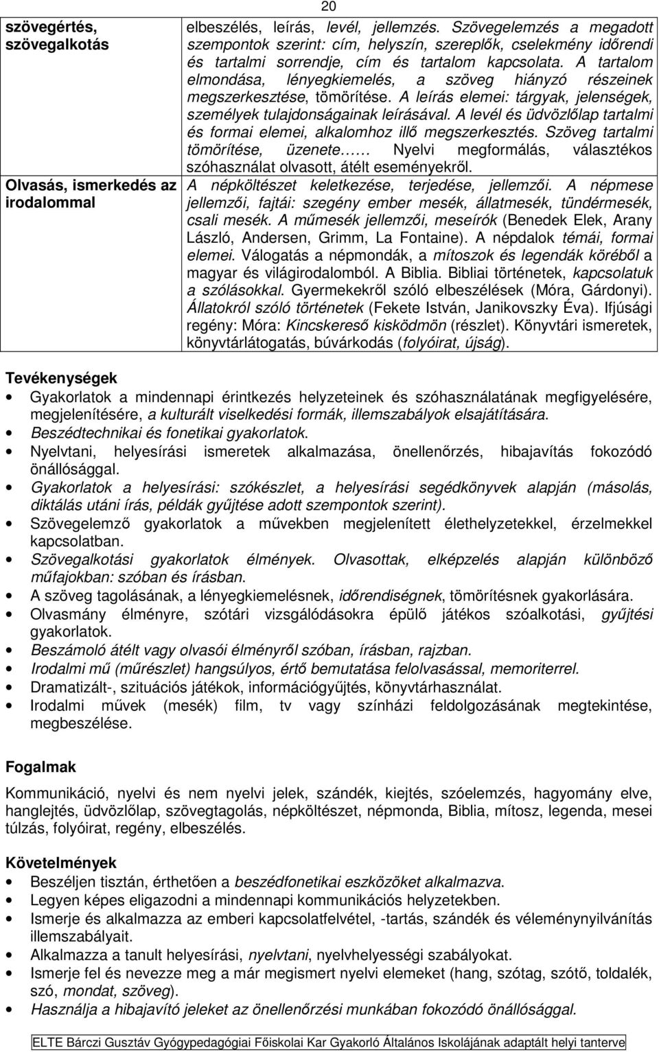 A tartalom elmondása, lényegkiemelés, a szöveg hiányzó részeinek megszerkesztése, tömörítése. A leírás elemei: tárgyak, jelenségek, személyek tulajdonságainak leírásával.