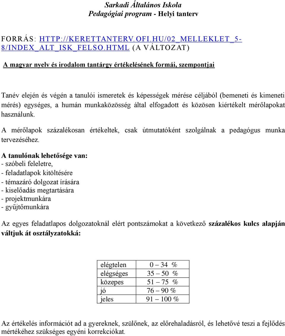 a humán munkaközösség által elfogadott és közösen kiértékelt mérőlapokat használunk. A mérőlapok százalékosan értékeltek, csak útmutatóként szolgálnak a pedagógus munka tervezéséhez.