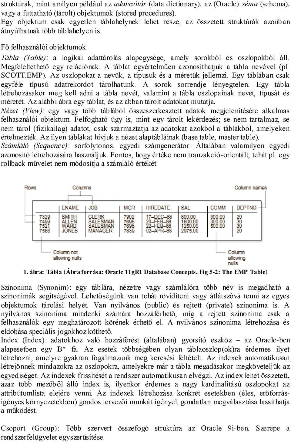 Fő felhasználói objektumok Tábla (Table): a logikai adattárolás alapegysége, amely sorokból és oszlopokból áll. Megfeleltethető egy relációnak.