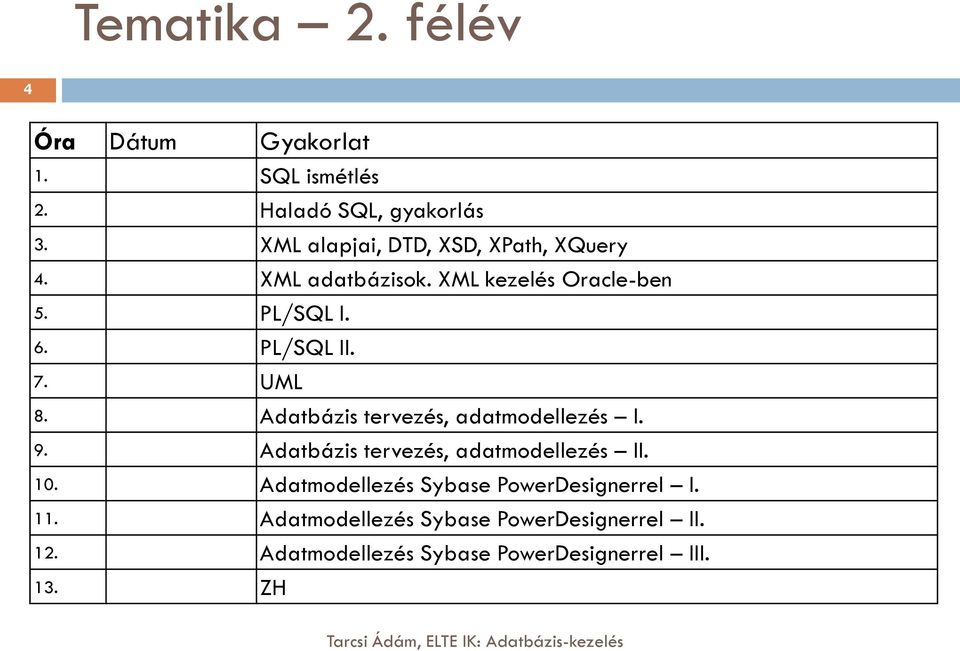 7. UML 8. Adatbázis tervezés, adatmodellezés I. 9. Adatbázis tervezés, adatmodellezés II. 10.