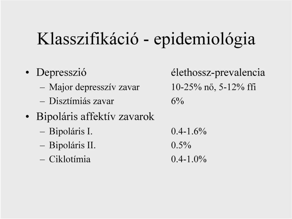 nő, 5-12% ffi Disztímiás zavar 6% Bipoláris affektív