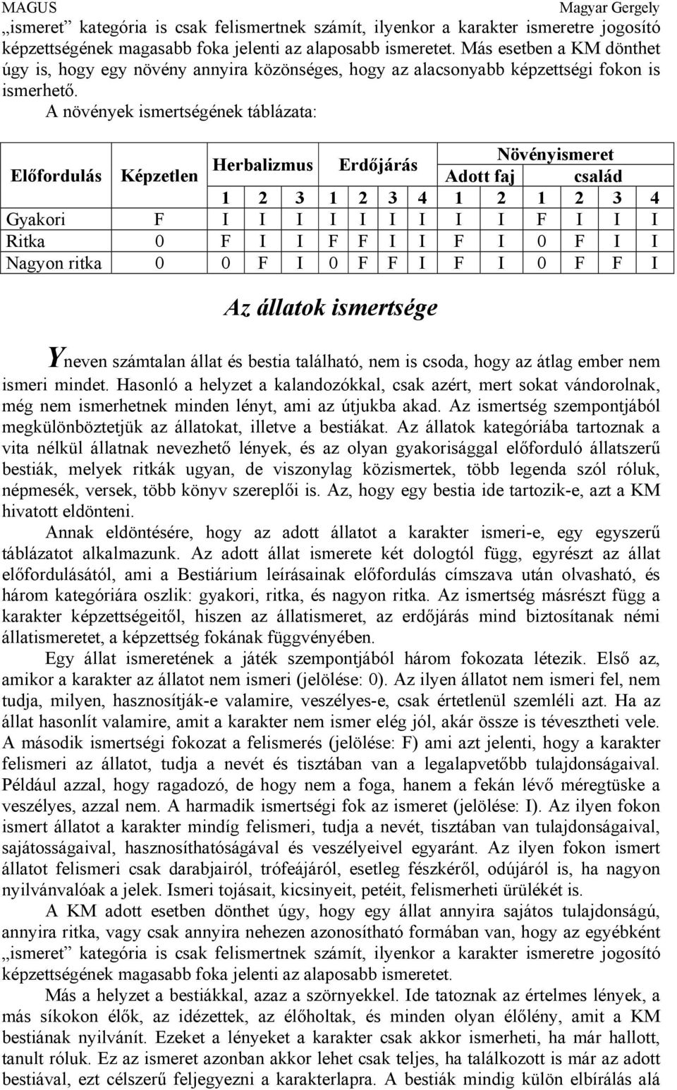 A növények ismertségének táblázata: Növényismeret Herbalizmus Erdőjárás Előfordulás Képzetlen Adott faj család 1 2 3 1 2 3 4 1 2 1 2 3 4 Gyakori F I I I I I I I I I F I I I Ritka 0 F I I F F I I F I