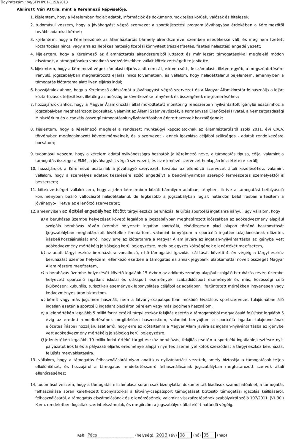 kijelentem, hogy a Kérelmezőnek az államháztartás bármely alrendszerével szemben esedékessé vált, és meg nem fizetett köztartozása nincs, vagy arra az illetékes hatóság fizetési könnyítést