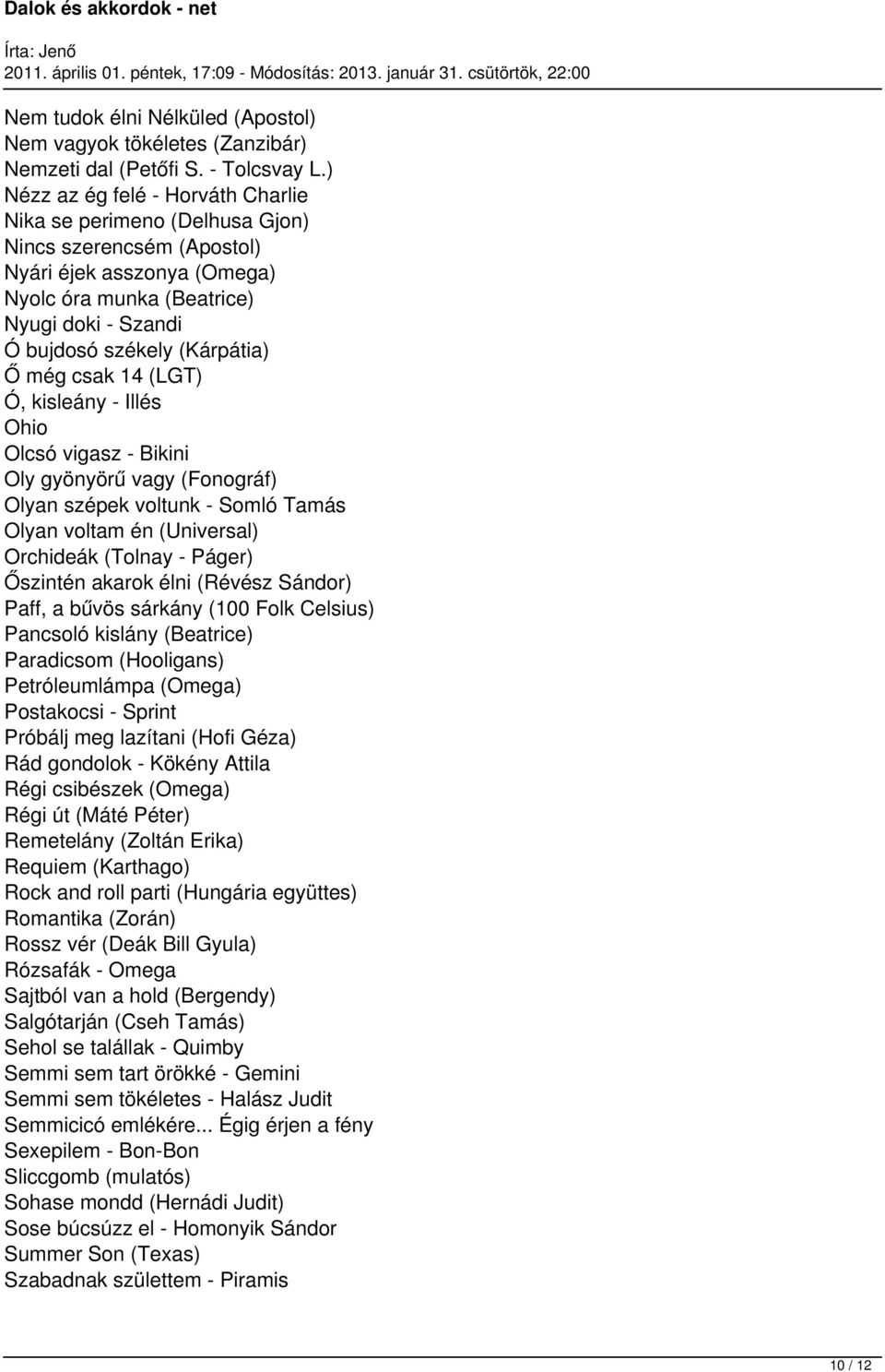 Ő még csak 14 (LGT) Ó, kisleány - Illés Ohio Olcsó vigasz - Bikini Oly gyönyörű vagy (Fonográf) Olyan szépek voltunk - Somló Tamás Olyan voltam én (Universal) Orchideák (Tolnay - Páger) Őszintén