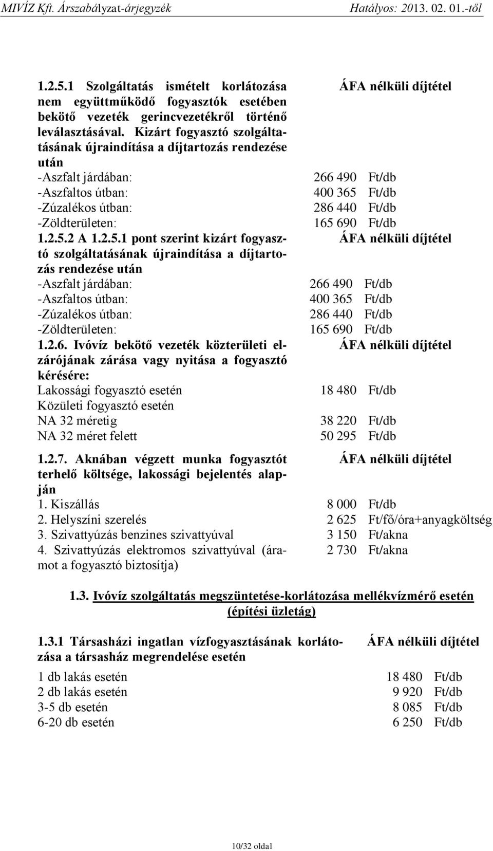 2 A 1.2.5.1 pont szerint kizárt fogyasztó szolgáltatásának újraindítása a díjtartozás rendezése után -Aszfalt járdában: -Aszfaltos útban: -Zúzalékos útban: -Zöldterületen: 1.2.6.