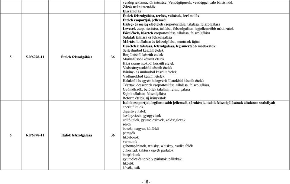 csoportosítása, tálalása, felszolgálása, legjellemzőbb módozatok Főzelékek, köretek csoportosítása, tálalása, felszolgálása Saláták tálalása és felszolgálása Mártások tálalása és felszolgálása,