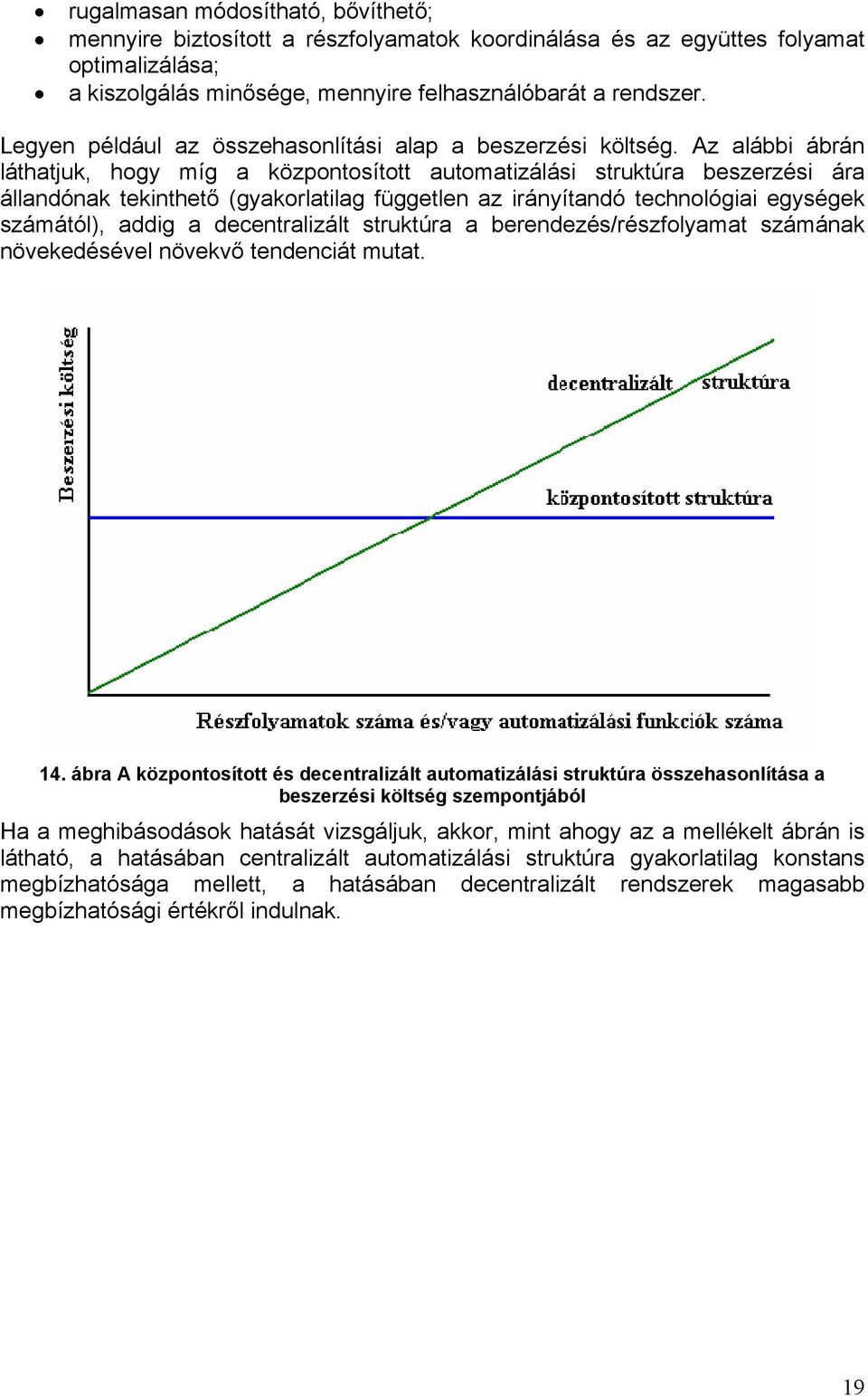 Az alábbi ábrán láthatjuk, hogy míg a központosított automatizálási struktúra beszerzési ára állandónak tekinthető (gyakorlatilag független az irányítandó technológiai egységek számától), addig a