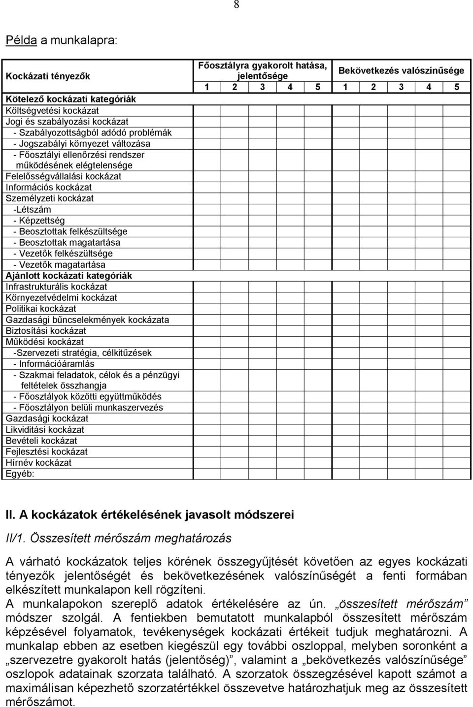 magatartása - Vezetők felkészültsége - Vezetők magatartása Ajánlott kockázati kategóriák Infrastrukturális kockázat Környezetvédelmi kockázat Politikai kockázat Gazdasági bűncselekmények kockázata