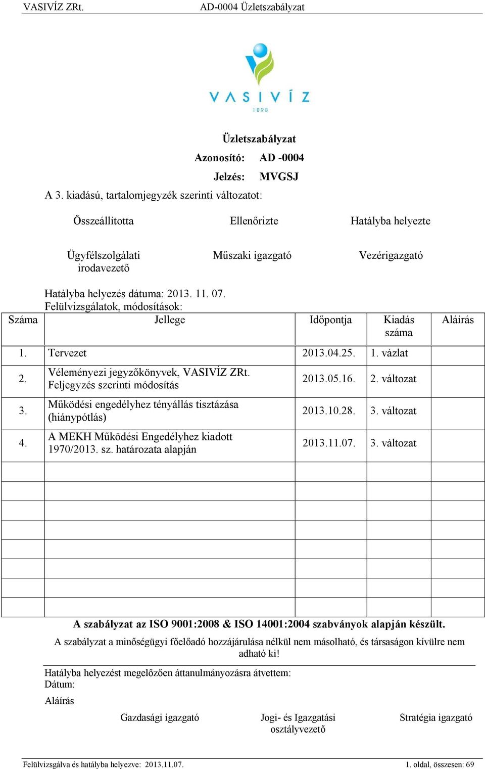 Felülvizsgálatok, módosítások: Száma Jellege Időpontja Kiadás száma Aláírás 1. Tervezet 2013.04.25. 1. vázlat 2. 3. 4. Véleményezi jegyzőkönyvek, VASIVÍZ ZRt.