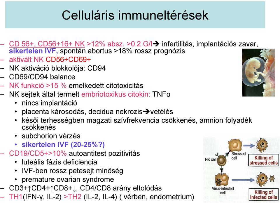 emelkedett citotoxicitás NK sejtek által termelt embriotoxikus citokin: TNFα nincs implantáció placenta károsodás, decidua nekrozis vetélés késői terhességben magzati