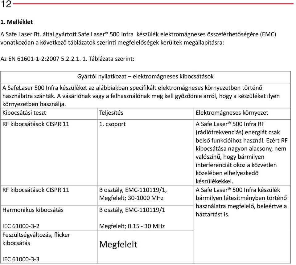 Táblázata szerint: Gyártói nyilatkozat elektromágneses kibocsátások A SafeLaser 500 Infra készüléket az alábbiakban specifikált elektromágneses környezetben történő használatra szánták.