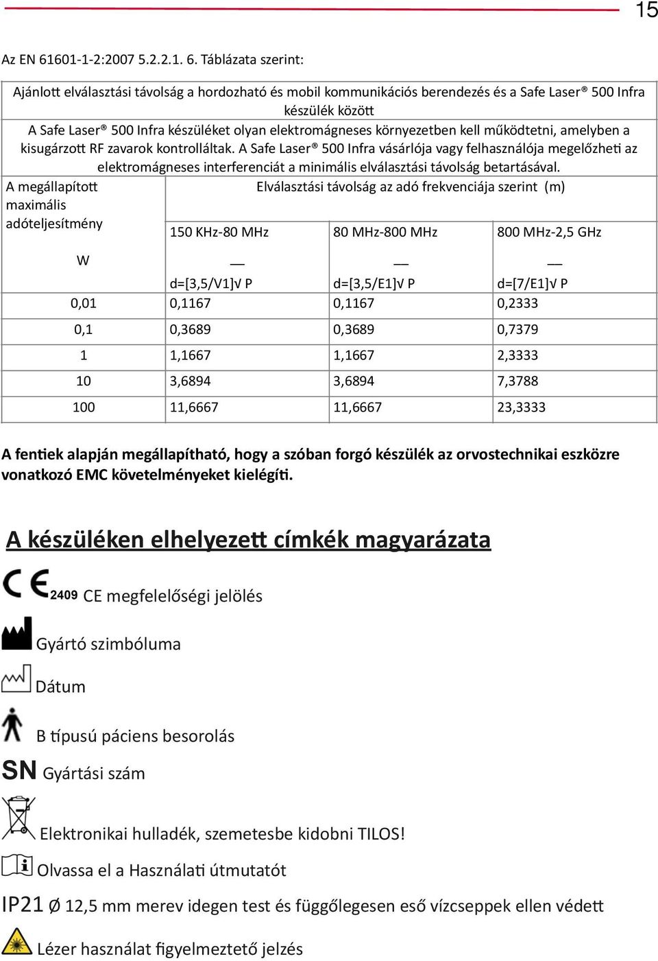Táblázata szerint: Ajánlok elválasztási távolság a hordozható és mobil kommunikációs berendezés és a Safe Laser 500 Infra készülék közök A Safe Laser 500 Infra készüléket olyan elektromágneses
