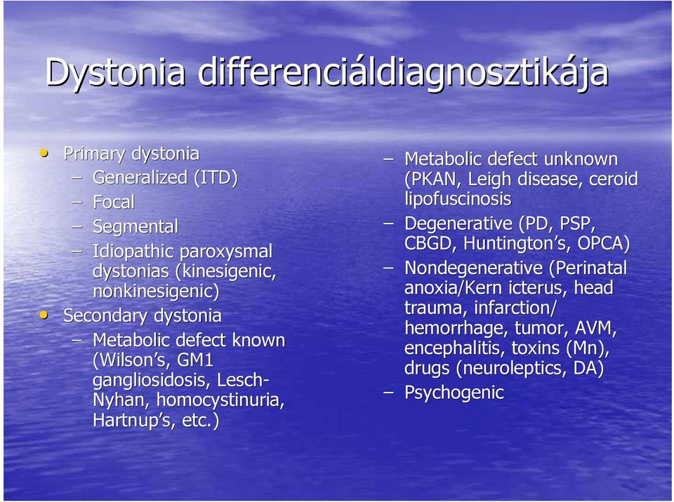 ) Metabolic defect unknown (PKAN, Leigh disease, ceroid lipofuscinosis Degenerative (PD, PSP, CBGD, Huntington s,, OPCA) Nondegenerative