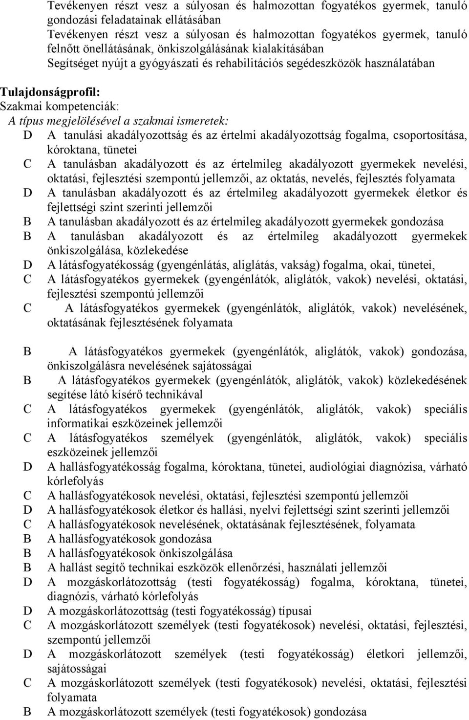 ismeretek: D A tanulási akadályozottság és az értelmi akadályozottság fogalma, csoportosítása, kóroktana, tünetei C A tanulásban akadályozott és az értelmileg akadályozott gyermekek nevelési,