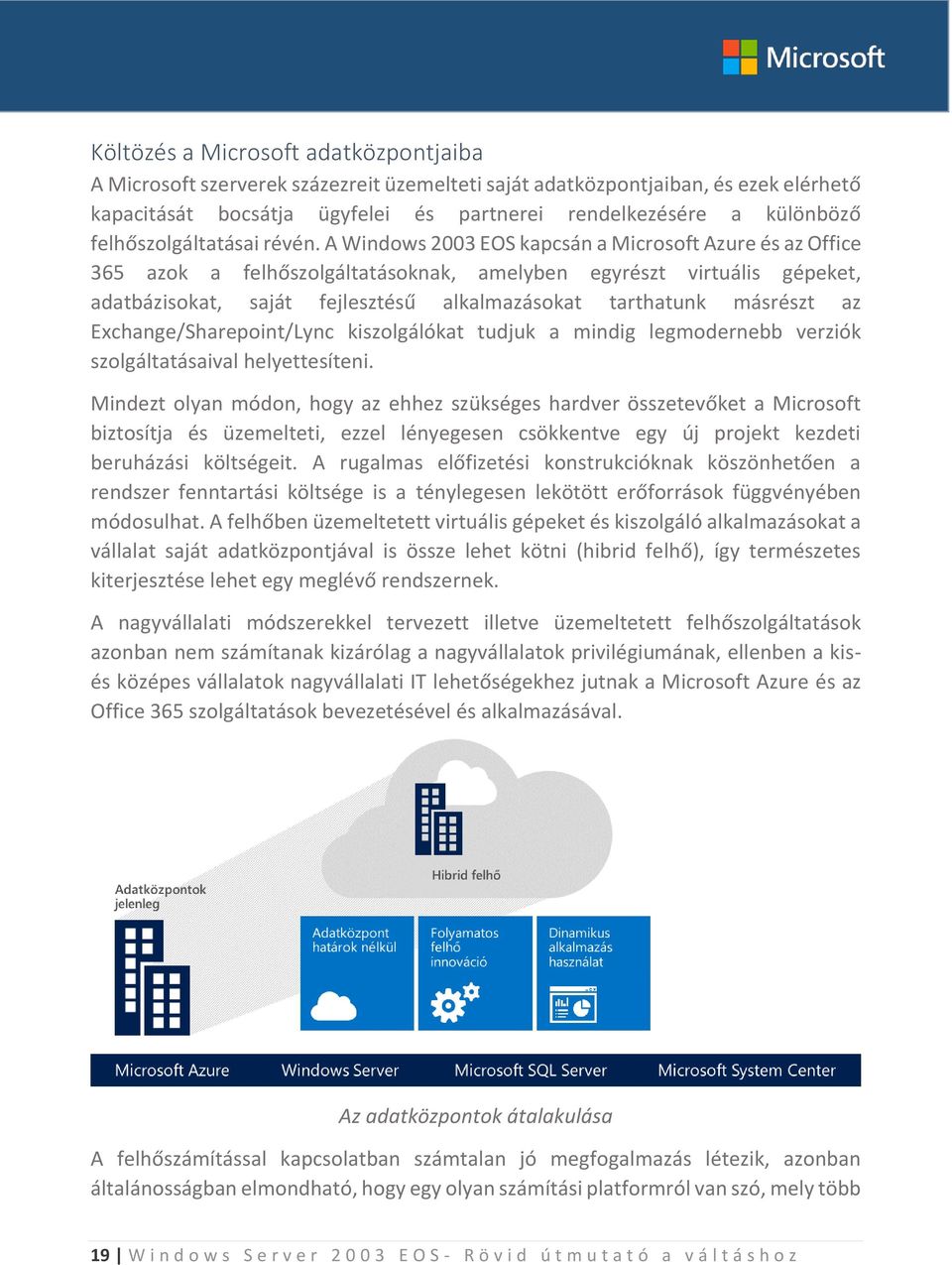 A Windows 2003 EOS kapcsán a Microsoft Azure és az Office 365 azok a felhőszolgáltatásoknak, amelyben egyrészt virtuális gépeket, adatbázisokat, saját fejlesztésű alkalmazásokat tarthatunk másrészt