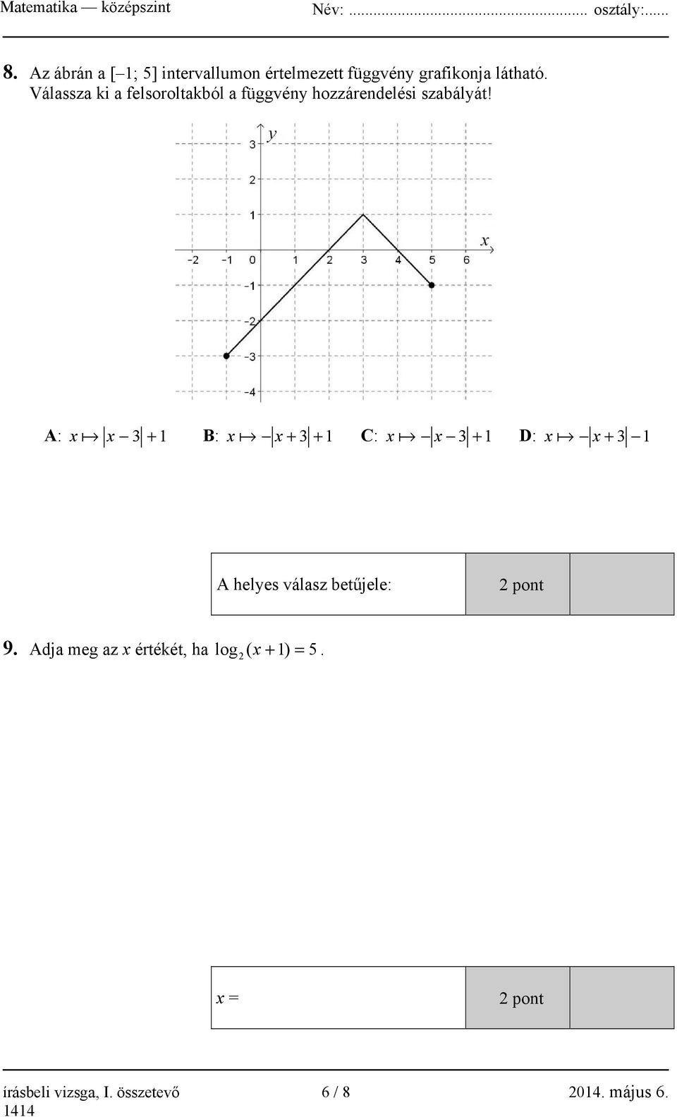 A: x x 3 + 1 B: x x + 3 + 1 C: x x 3 + 1 D: x x + 3 1 A helyes válasz betűjele: 2