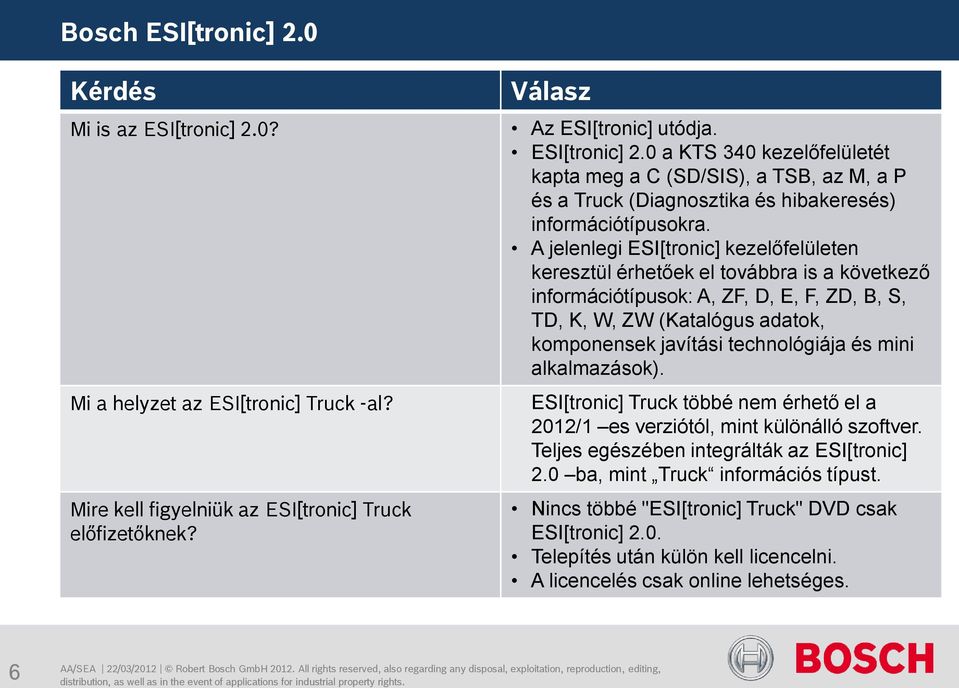 és mini alkalmazások). ESI[tronic] Truck többé nem érhető el a 2012/1 es verziótól, mint különálló szoftver. Teljes egészében integrálták az ESI[tronic] 2.0 ba, mint Truck információs típust.