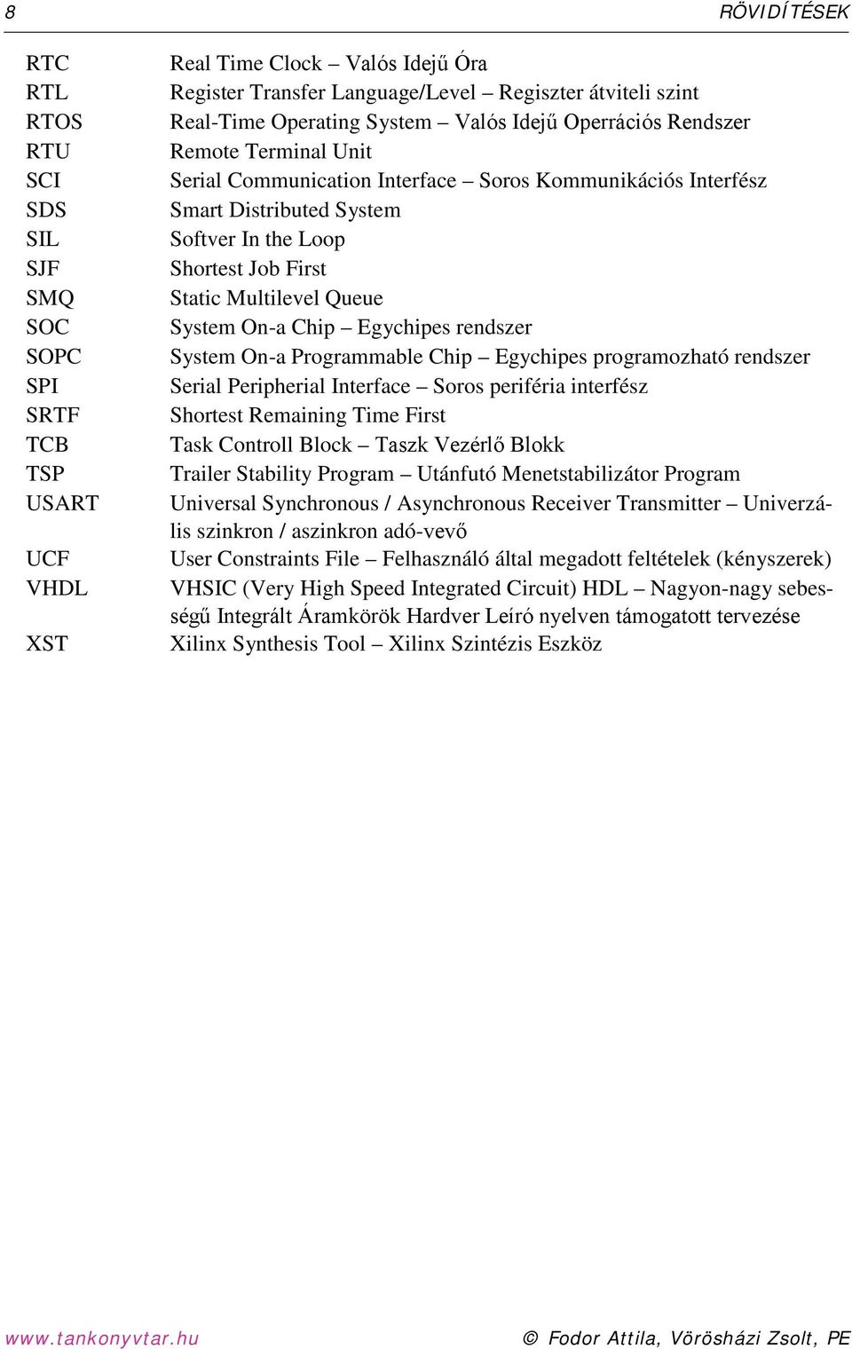 Static Multilevel Queue System On-a Chip Egychipes rendszer System On-a Programmable Chip Egychipes programozható rendszer Serial Peripherial Interface Soros periféria interfész Shortest Remaining