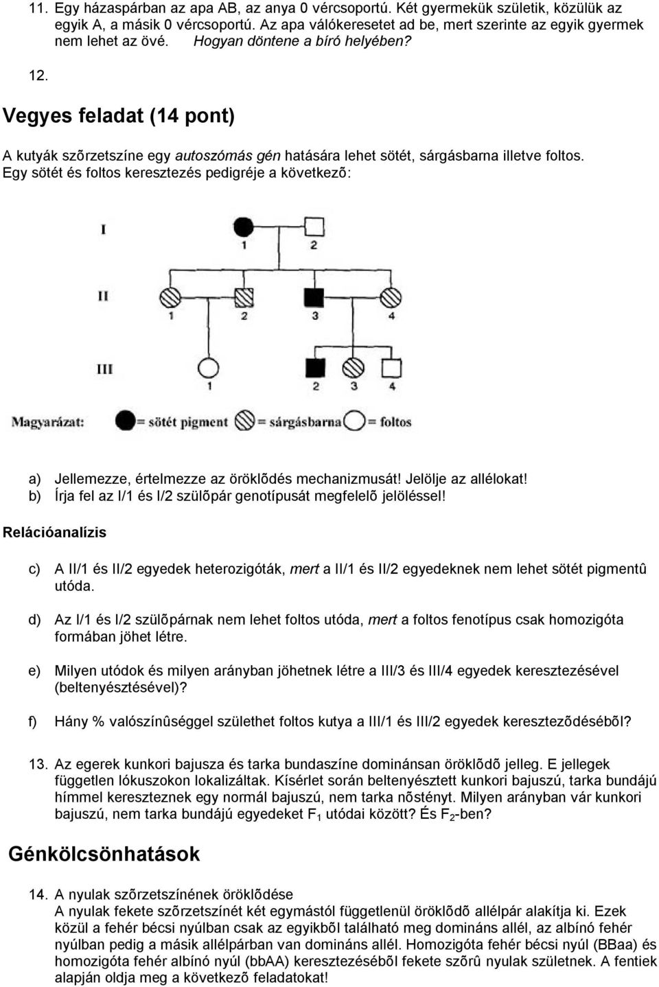 Egy sötét és foltos keresztezés pedigréje a következõ: a) Jellemezze, értelmezze az öröklõdés mechanizmusát! Jelölje az allélokat! b) Írja fel az I/1 és I/2 szülõpár genotípusát megfelelõ jelöléssel!