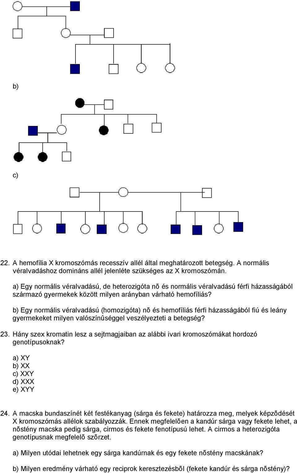 b) Egy normális véralvadású (homozigóta) nõ és hemofíliás férfi házasságából fiú és leány gyermekeket milyen valószínûséggel veszélyezteti a betegség? 23.