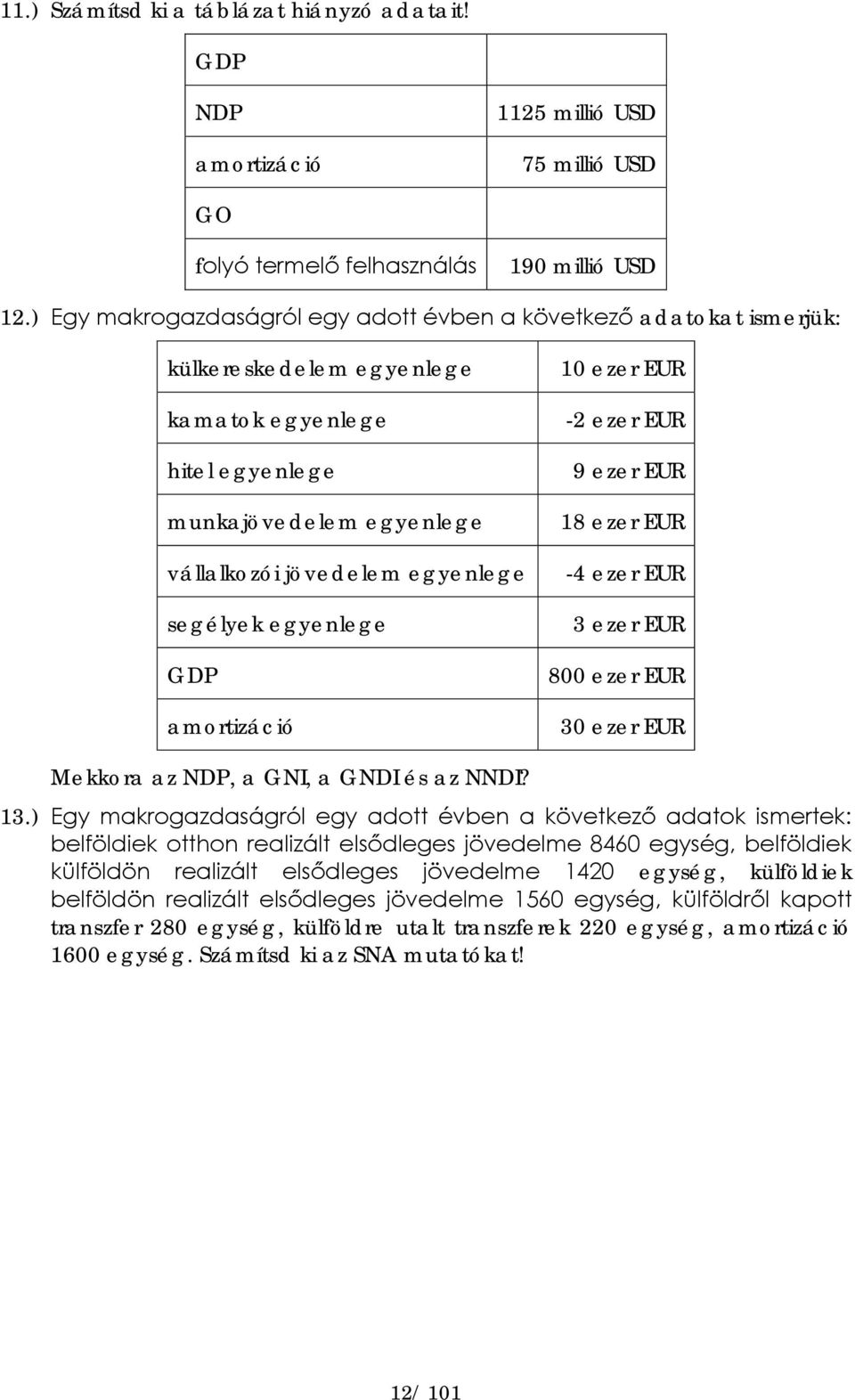 egyenlege GD amortizáció 10 ezer EUR -2 ezer EUR 9 ezer EUR 18 ezer EUR -4 ezer EUR 3 ezer EUR 800 ezer EUR 30 ezer EUR Mekkora az ND, a GNI, a GNDI és az NNDI? 13.