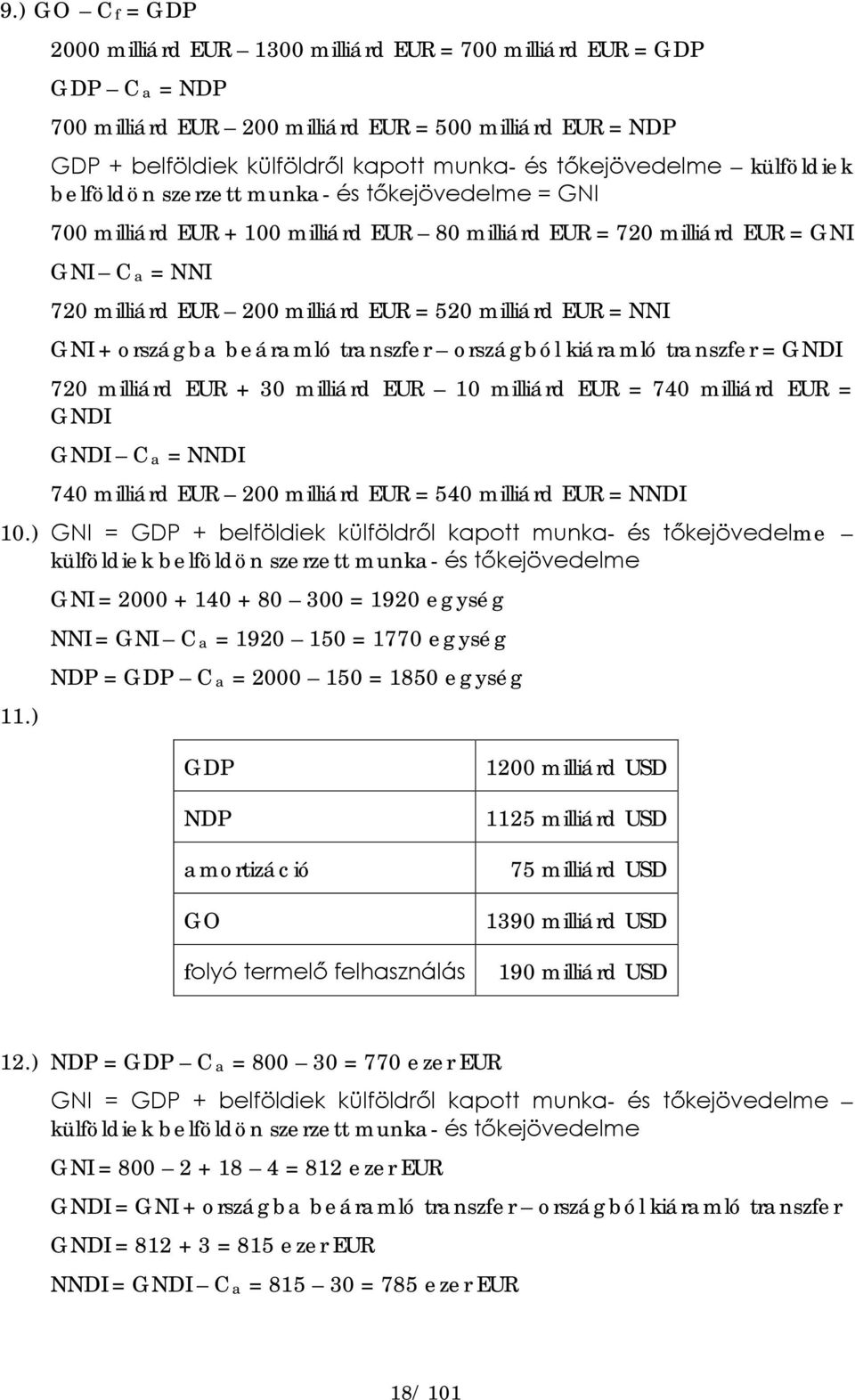 520 milliárd EUR = NNI GNI + országba beáramló transzfer országból kiáramló transzfer = GNDI 720 milliárd EUR + 30 milliárd EUR 10 milliárd EUR = 740 milliárd EUR = GNDI GNDI Ca = NNDI 740 milliárd